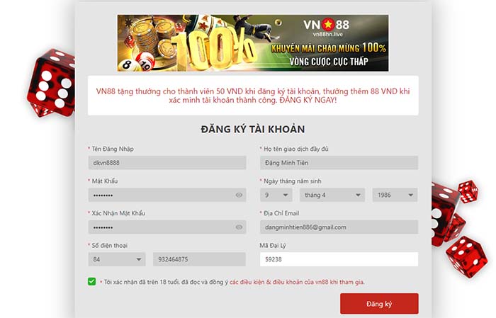 Đăng ký nhận 88k từ Vn88 Đăng ký nhận 88k từ Vn88